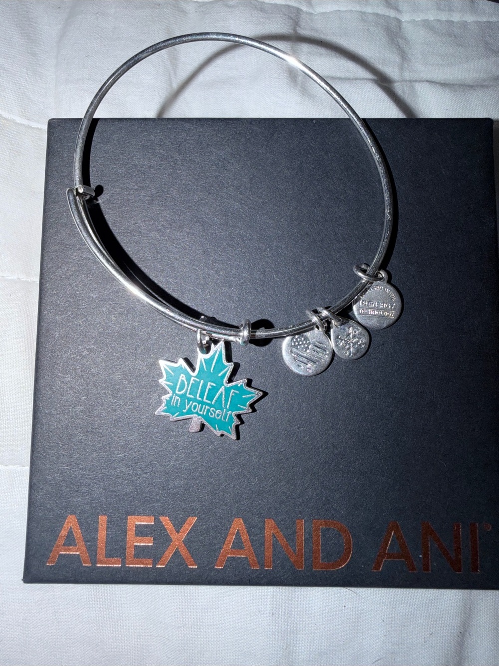 Alex and Ani Silver Expandable Bracelet with Teal Enamel Maple Leaf Charm